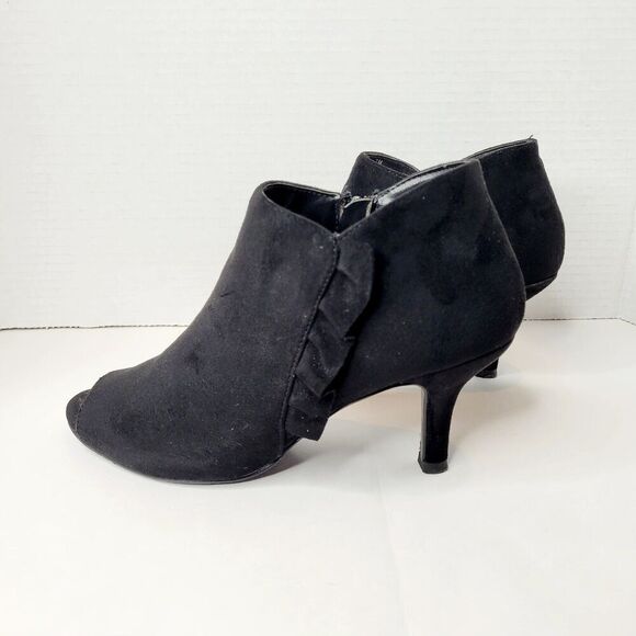 EASY STREET Black Faux Suede Almond Open Peep Toe Heel Booties Vegan Size 7M - Picture 1 of 9